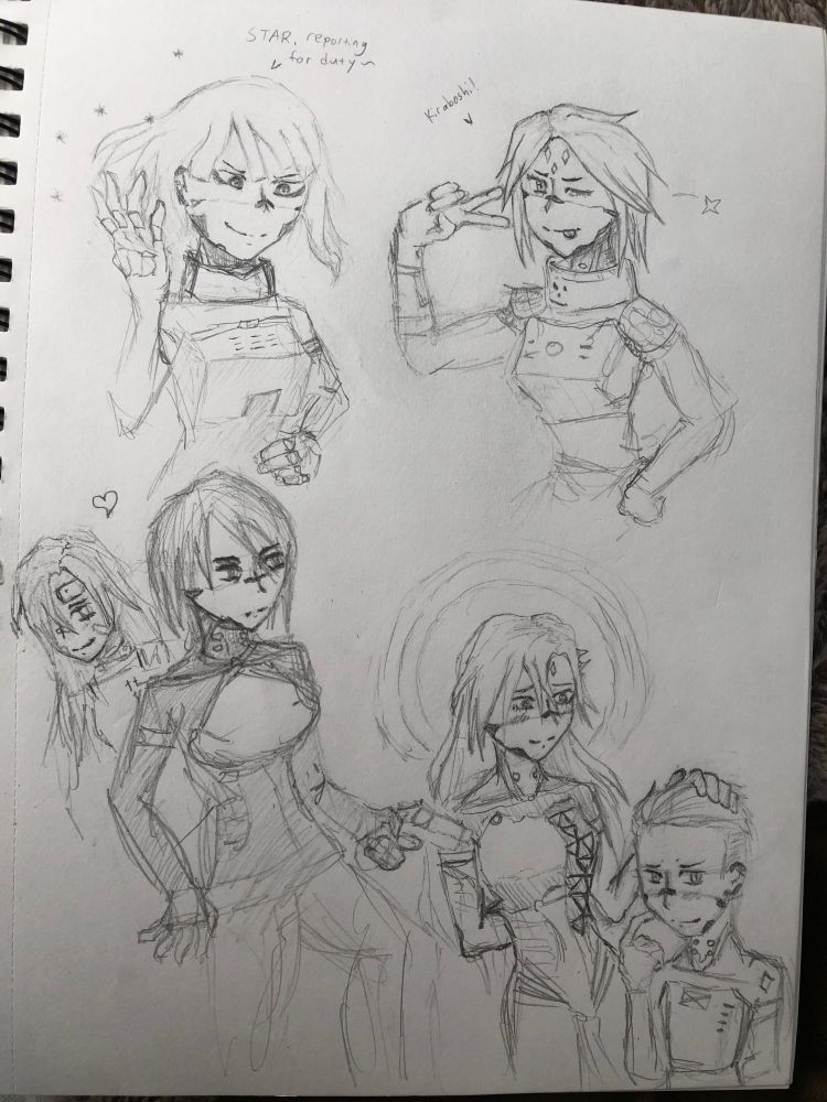 Top left, a STAR unit from Signalis fwooshing her hair up and smugly saying "STAR, reporting for Duty".
Top right, Kolibri going "Kiraboshi" and puting a sideways peace sign up while winking
Bottom left, Ariane looking over Elster's shoulder as she's holding a gun looking for her
Bottom Right, Falke patting Adler's head, with both of them nervously blushing