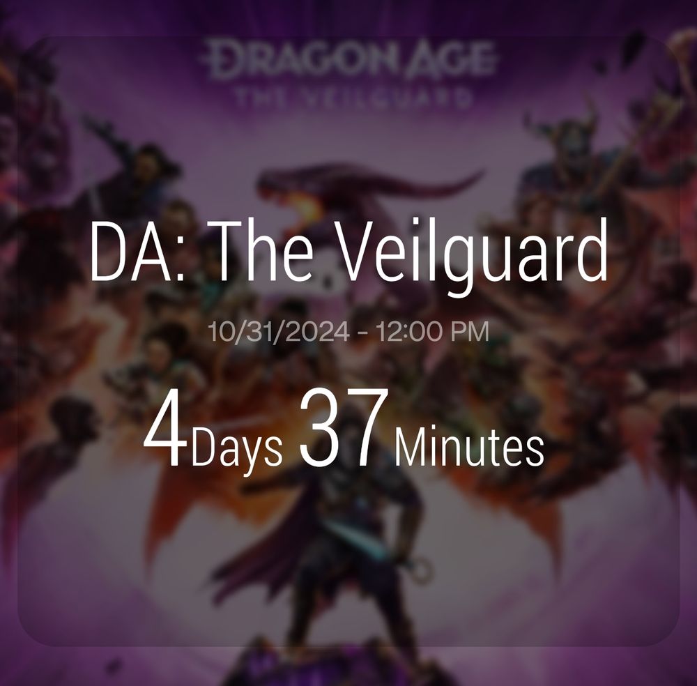 Countdown widget to Dragon Age The Veilguard's release on 10/31/2024 at 12pm est - 4 days 37 minutes remaining