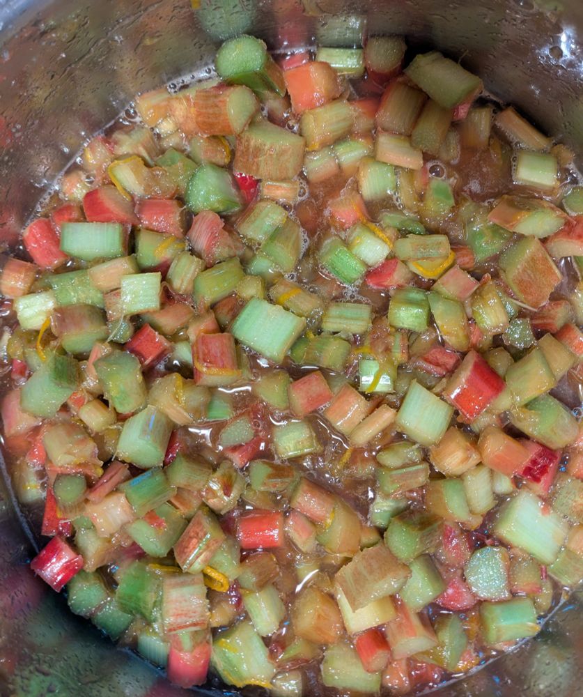 Pot of diced rhubarb ready to make jam.