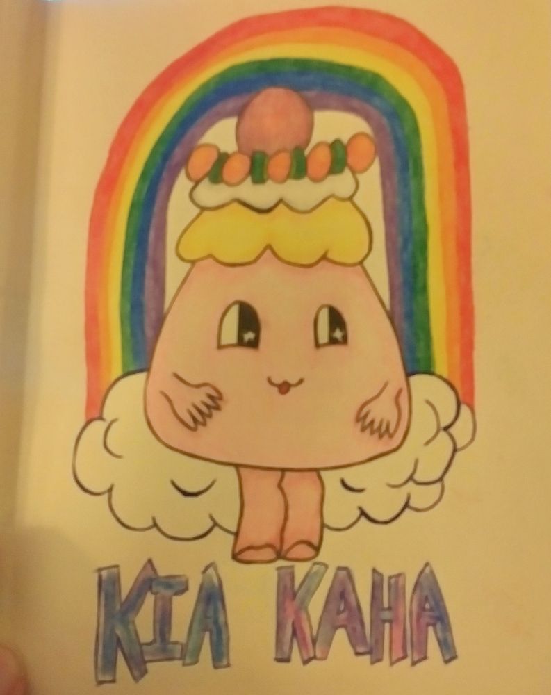A Japanese mascot created by Rhys Darby for a travel show. A pink pavlova, topped with various fruits. He is framed by a rainbow. Below him are the words "kia kaha."