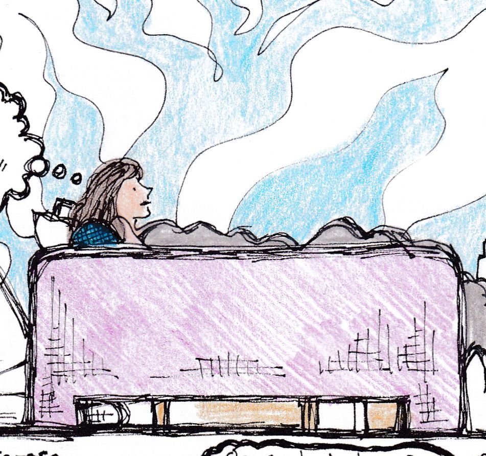 Ink and pencil crayon drawing of a white woman (me) looking up from a couch at the sky. This newsletter is full of comics that don't lend themselves well to alt text, but hopefully the typed copy provides enough context. 