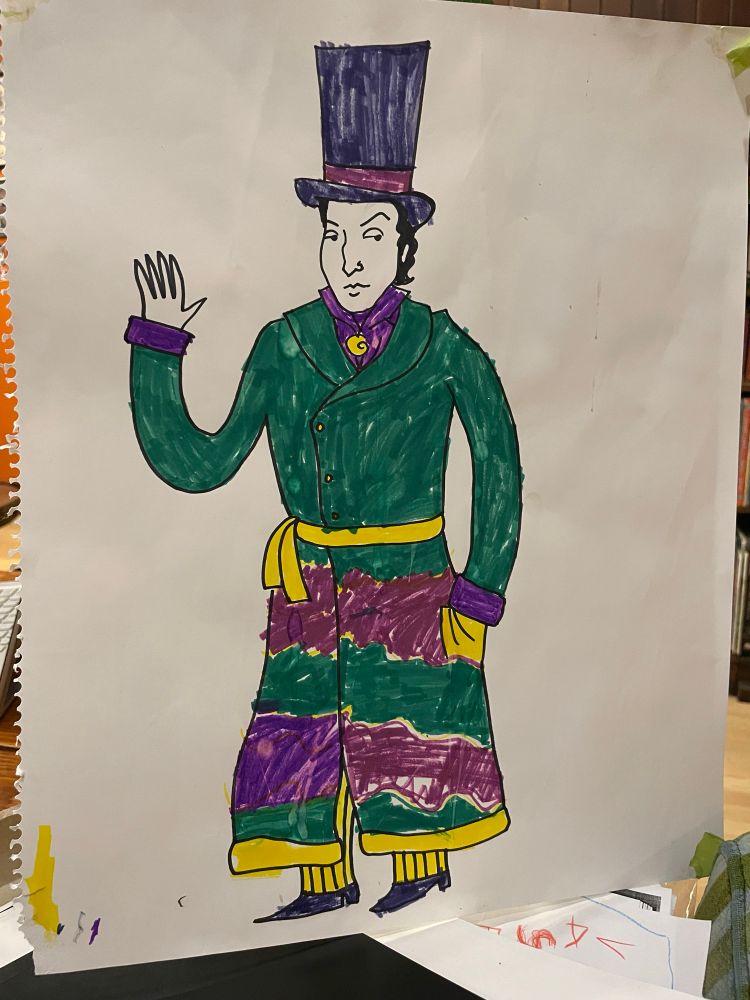 Drawing of a tall man wearing a top hat and a dressing gown, coloured in with markers by my then-9-year-old son.