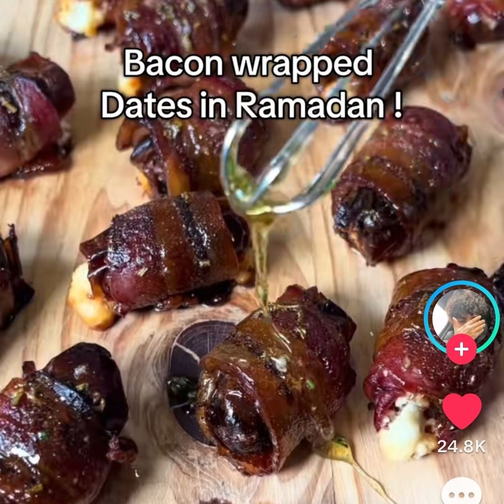 Screenshot of a Tiktok captioned "Bacon wrapped dates in Ramadan" with a photo of the abomination 