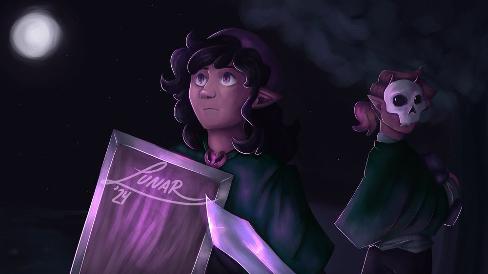 A digital painting of Tallulah and Chayanne from the QSMP. Tallulah is holding a sword and covering herself with a shield. Chayanne is behind her holding a bag away from an unseen enemy. Must be the ender king innit