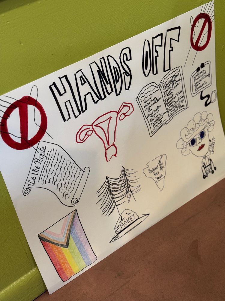 Poster with hands off and drawn hands with do not red symbols and drawings of the constitution, uterus, book, stethoscope, pride flag, trees, Smokey Bear hat, National Park Service arrowhead, and Granny pushing a walker
