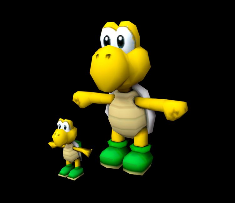 my friend larry who is a big koopa trooper, t-posing, with his tiny, low detail son lennard standing to the left of him.