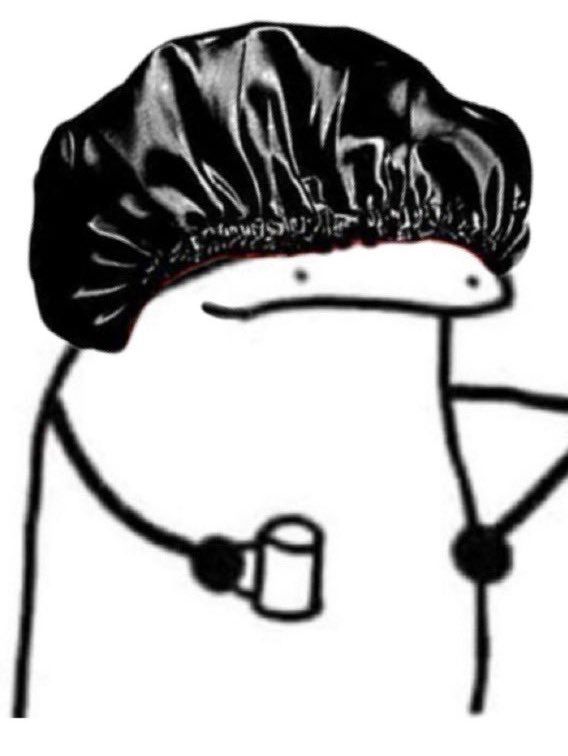 edit of a blob stick figure with one hand on their hip, a black bonnet on their head, holding a cup of coffee in the other hand and grinning satisfactorily 