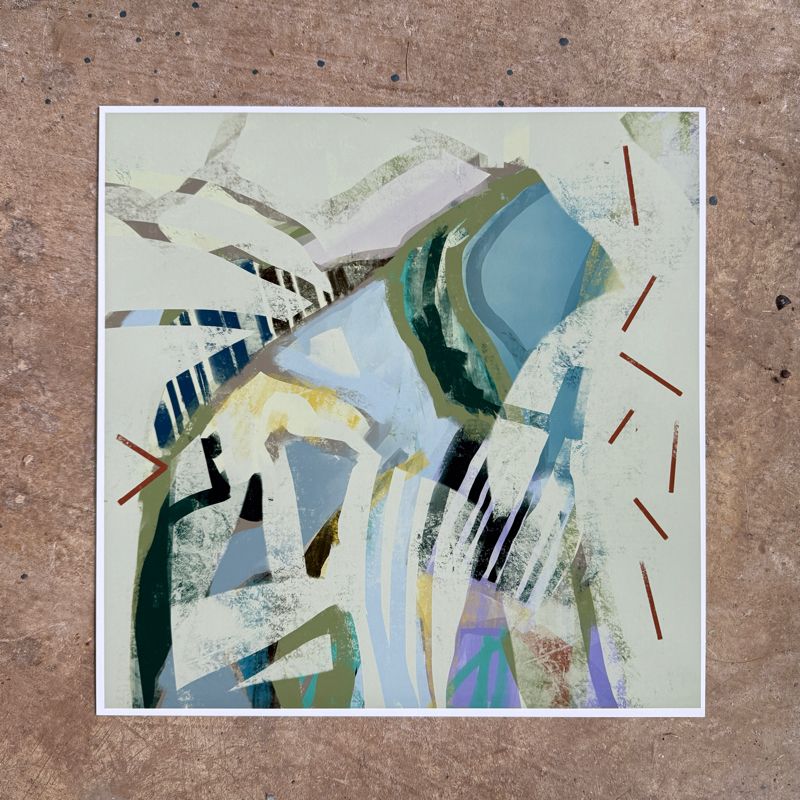 Square abstract art of figure petting dog