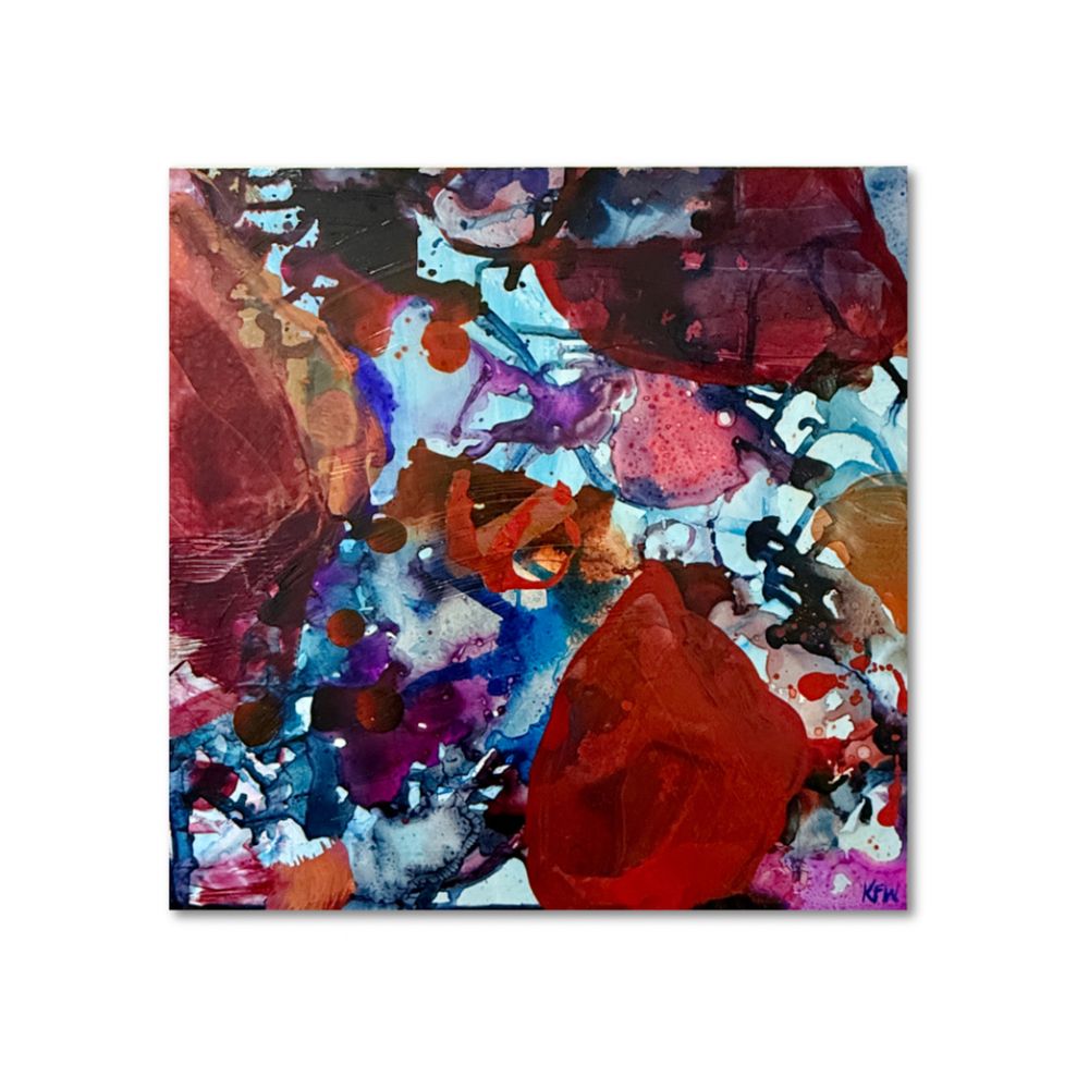 Abstract painting by K Wanford. Primary colors red and blue.