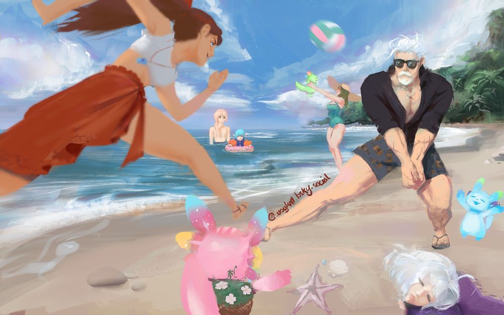 Cowenna (brown girl with red pareo skirt) chasing down a volleyball set by Matthias (buff giant old man) with rowan (white haired girl) sleeping in the foreground next to a pink far darrig (axolotl fairy creature). In the background is Loiscneach (blonde guy), Eochaid (blue haired boy), and Iolar (greenish-brown haired woman.
The setting is Scuabtianne which looks like a tropical island.