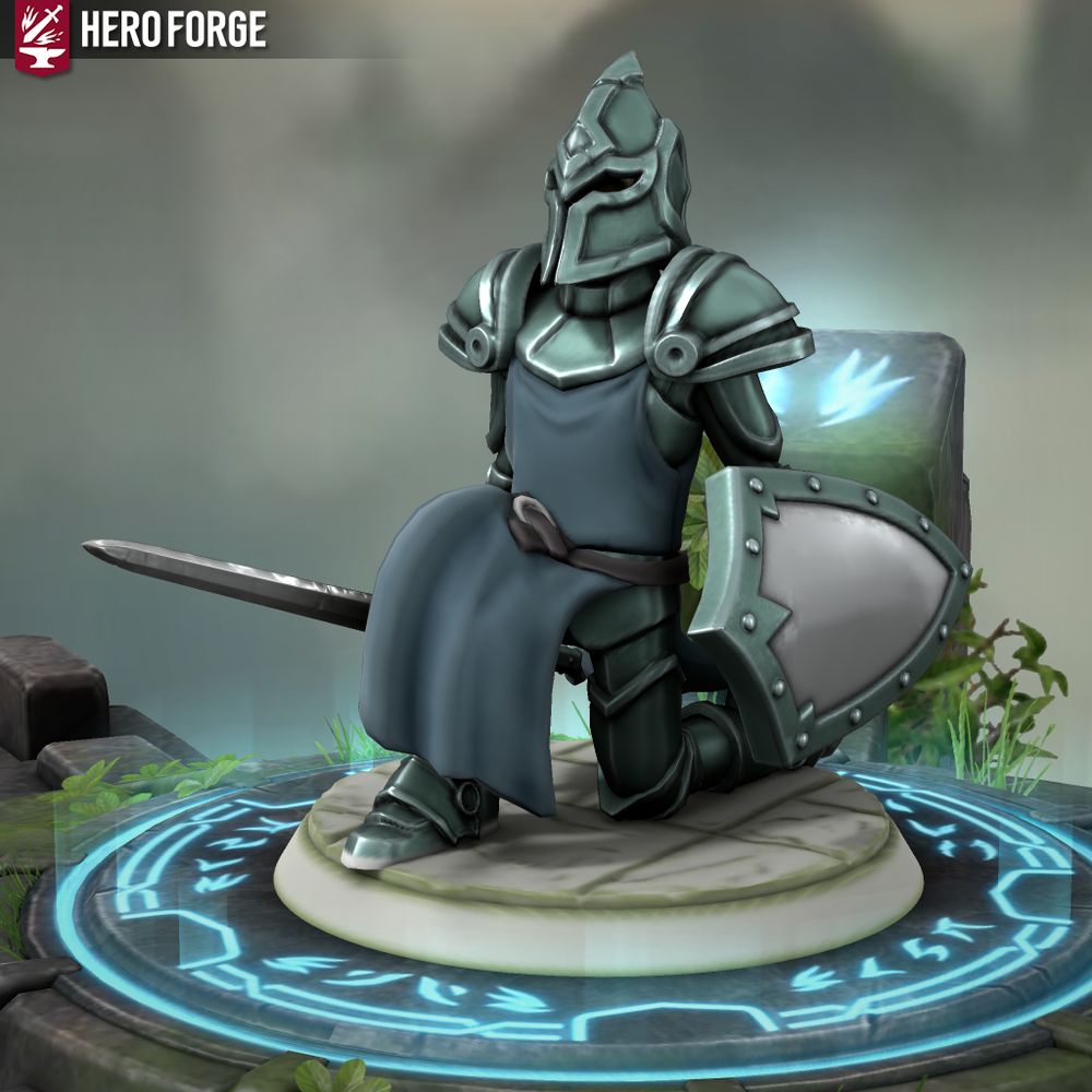 Heroforge mini of an armored paladin kneeling.