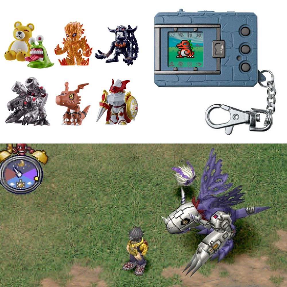 Screen shots of Digimon cage figures, a color v-pet and Digimon World for the original PlayStation.