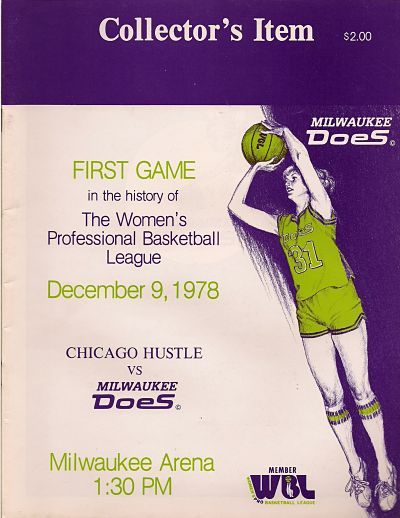 Purple, green and white programme for the game showing a woman taking a shot and detailing who was playing etc.