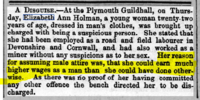 newspaper cutting of the case detailing that she was charged for being a suspicious person. The highlighted text notes that she wore male attire "so that she could earn much higher wages as a man than she could have done otherwise".