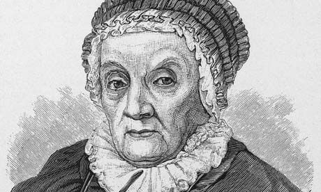 engraved illustration of Catherine Herschel. She is an older white woman in a most excellent bonnet. She is giving the engraver the side eye.