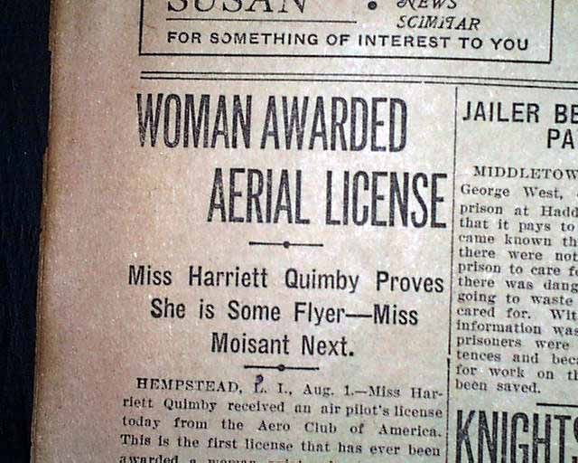 Newspaper headline reading 'woman awarded aerial licence' and confirming Harriet's name and the date 