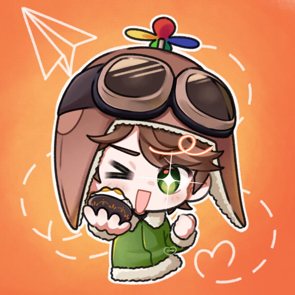 chibi character wearing a classic pilot outfit and smiling with a big sparkle in his eye. he's holding out a black bowl of tamago kake gohan