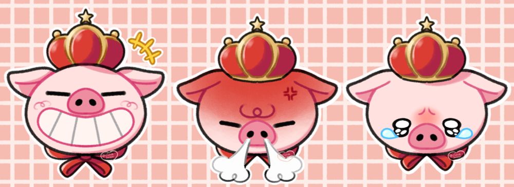 from left to right: pig head wearing a red crown and cape grinning widely

pig head wearing a red crown and cape angrily huffing

pig head wearing a red crown and cape tearing up
