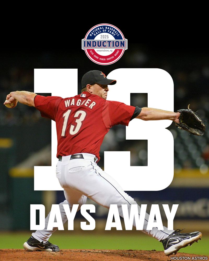 The 2025 Induction Ceremony is 13 days away. Photo of Billy Wagner from the reverse side of his left-handed throwing motion wearing a number 13 home Astros uniform. (Photo courtesy Houston Astros)