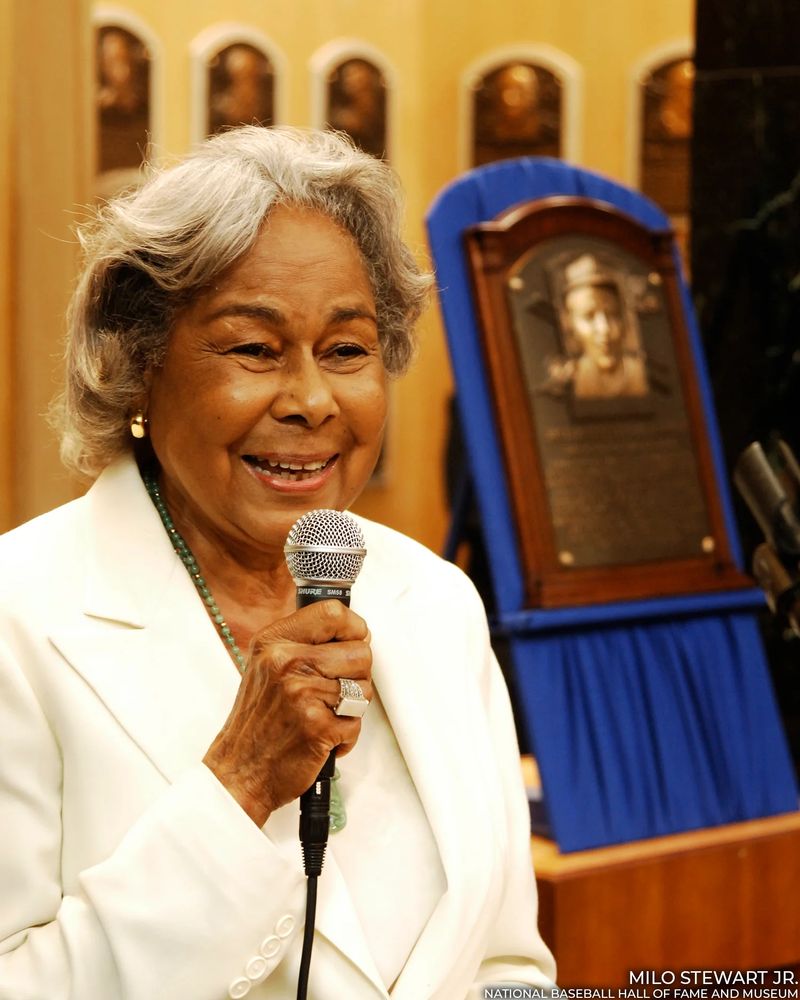 Rachel Robinson speaks in the Hall of Fame Plaque Gallery in front of Jackie Robinson’s rededicated plaque. (Milo Stewart Jr./National Baseball Hall of Fame and Museum)