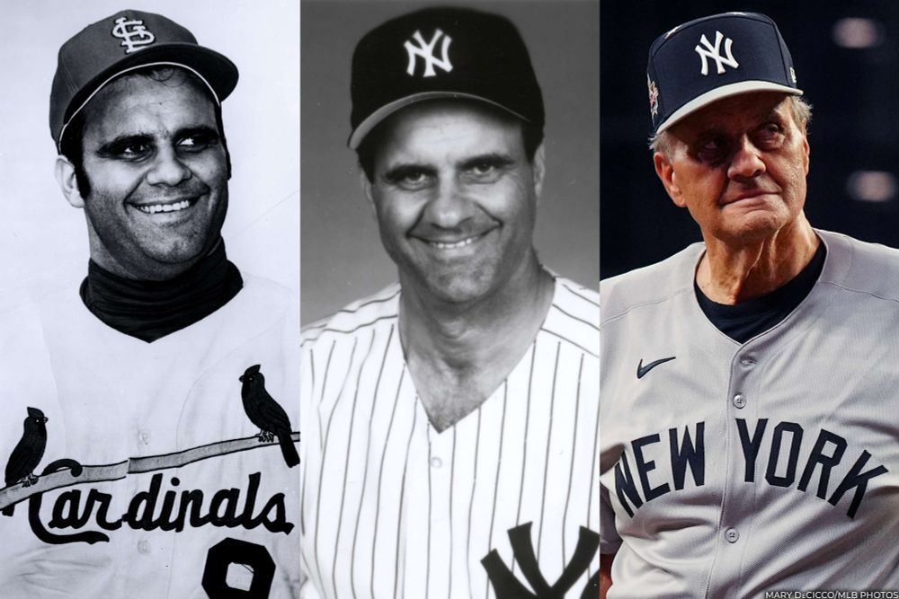 Three-panel image: Joe Torre in a Cardinals uniform, home pinstripe Yankees uniform and road New York uniform. (2025 photo: Mary DeCicco/MLB Photos)