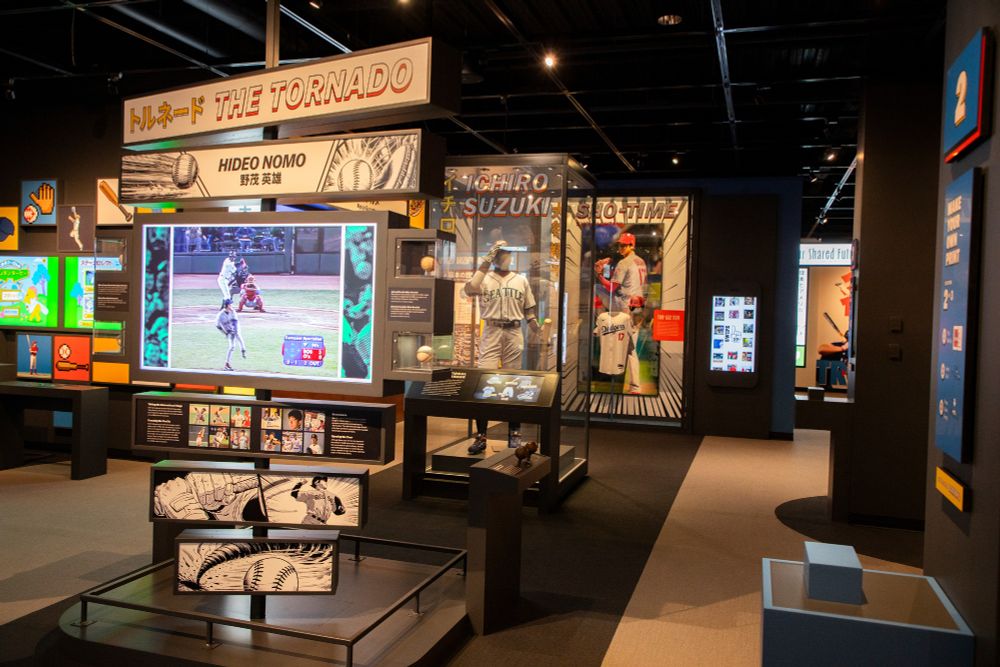 Displays recognizing Hideo Nomo, Ichiro Suzuki and Shohei Ohtani through artifacts in the Yakyu | Baseball exhibit. (Milo Stewart Jr./National Baseball Hall of Fame and Museum)