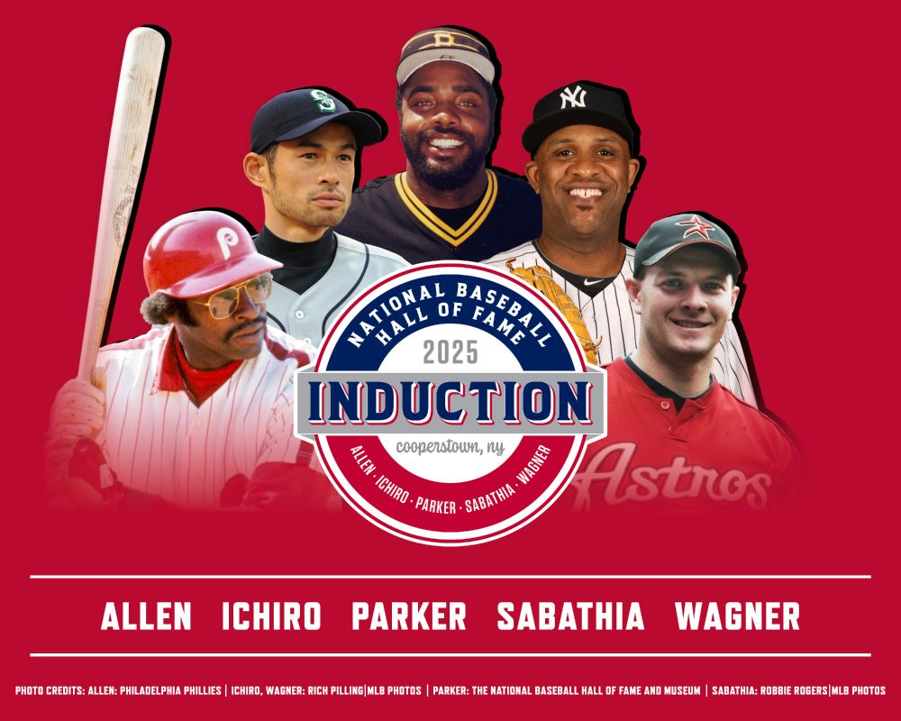 Dick Allen, Ichiro Suzuki, Dave Parker, CC Sabathia and Billy Wagner surround the 2025 Induction logo.