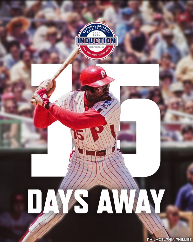 The 2025 Induction Ceremony is 15 days away. Photo of Dick Allen in the open side of his right-handed batting stance wearing a number 15 home pinstripe Phillies uniform. (Photo courtesy Philadelphia Phillies)