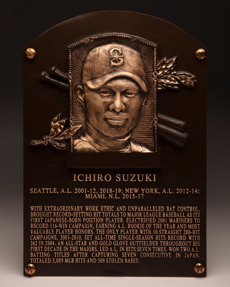 ICHIRO SUZUKI

Seattle, A.L. 2001-12, 2018-19; New York, A.L. 2012-14;

Miami, N.L. 2015-17

 

With extraordinary work ethic and unparalleled bat control, brought record-setting hit totals to Major League Baseball as its first Japanese-born position player. Electrified 2001 Mariners to record 116-win campaign, earning A.L. Rookie of the Year and Most Valuable Player honors. The only player with 10 straight 200-hit campaigns, 2001-2010, set all-time single-season hits record with 262 in 2004. An All-Star and Gold Glove outfielder throughout his first decade in the majors, led A.L. in hits seven times. Won two A.L. batting titles after capturing seven consecutive in Japan. Totaled 3,089 MLB hits and 509 stolen bases.

-

Photo: Milo Stewart Jr./National Baseball Hall of Fame and Museum