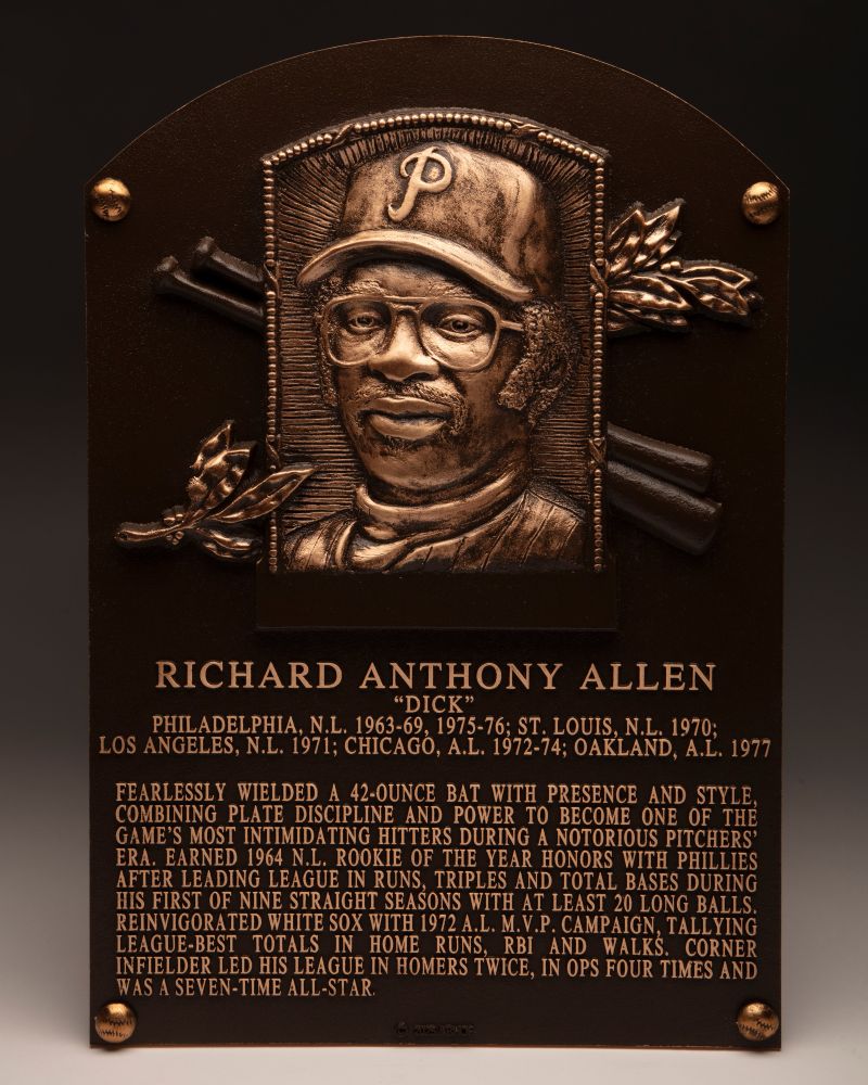 RICHARD ANTHONY ALLEN
“Dick”
Philadelphia, N.L., 1963-69, 1975-76; St. Louis, N.L., 1970;
Los Angeles, N.L., 1971; Chicago, A.L., 1972-74; Oakland, A.L. 1977

Fearlessly wielded a 42-ounce bat with presence and style, combining plate discipline and power to become one of the game’s most intimidating hitters during a notorious pitchers’ era. Earned 1964 N.L. Rookie of the Year honors with Phillies after leading league in runs, triples and total bases during his first of nine straight seasons with at least 20 long balls. Reinvigorated White Sox with 1972 A.L. M.V.P. campaign, tallying league-best totals in home runs, RBI and walks. Corner infielder led his league in homers twice, in OPS four times and was a seven-time All-Star.
-
Photo: Milo Stewart Jr./National Baseball Hall of Fame and Museum