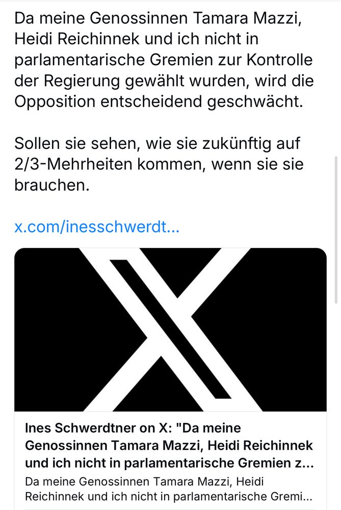 Das Bild ist ein Screenshot eines Skeets, auf dem wiederum ein Screenshot eines Twitter Posts von Ines Schwerdtner zu sehen ist, der besagt, dass weder Ines Schwerdtner, noch Heidi Reichinnek oder Tamara Mazzi ins Parlamentarische Kontrollgremium gewählt wurden. Außerdem: „Sollen sie sehen, wie sie künftig an ihre 2/3 Mehrheit kommen, wenn sie sie brauchen.“