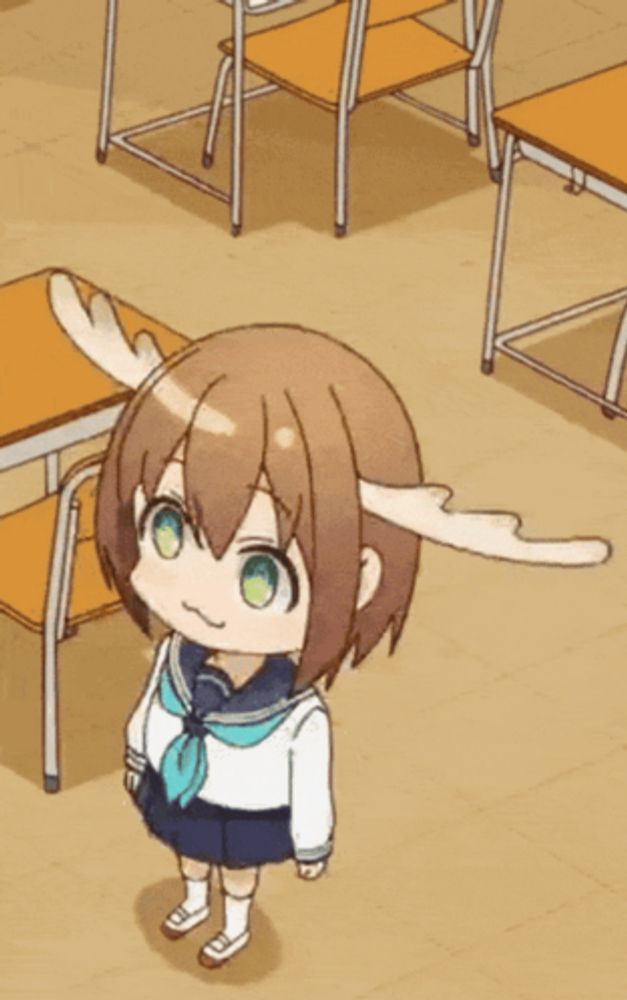 a girl with antlers is standing in a classroom with desks and chairs