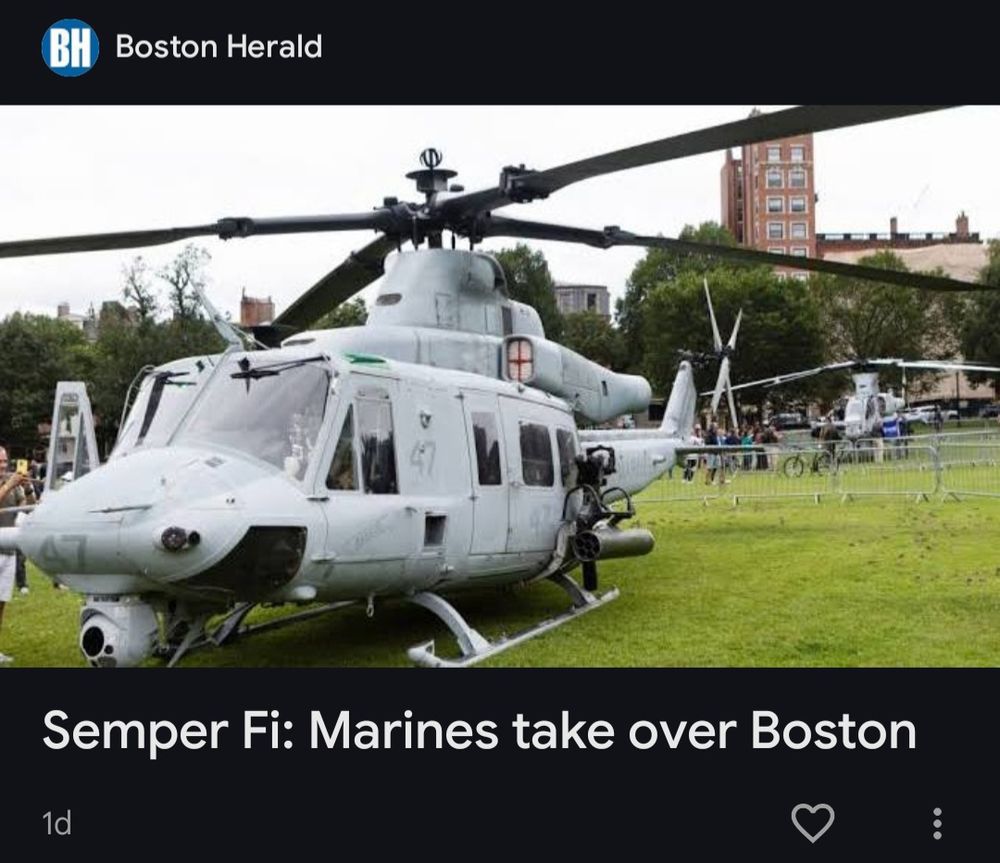 headline from Boston Herald reading "Semper Fi: Marines take over Boston" with a photo of military helicopters being displayed on Boston Common