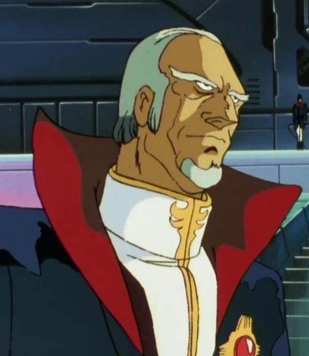 Jamitov Hymen from Mobile Suit Zeta Gundam, an older man with white hair, bushy eyebrows, and a goatee, wearing an outfit with a white military collar and a friggin dracula cape