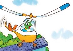 A bug in a helicopter looks terrified as he descends toward the ground.