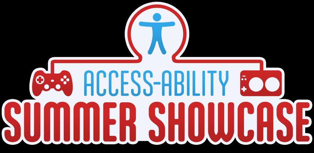 Access-Ability summer Showcase. A stick figure is in a circle. The ends trail off as cables leading to a standard controller and a modular accessibility controller.