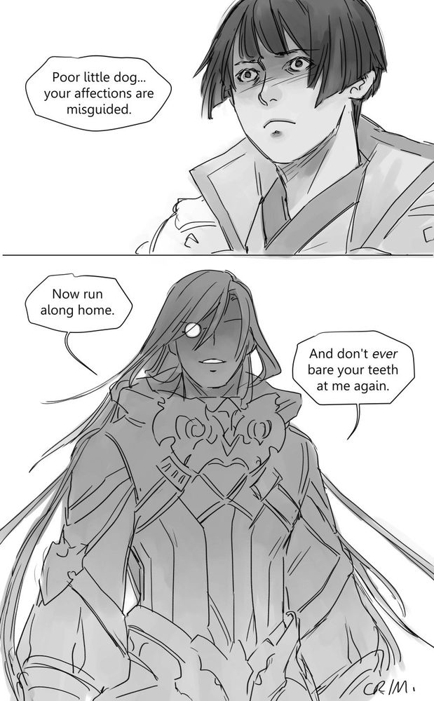 FFXIV comic page 4
(Asahi looks either fearful or mortified or both, as the WoL stands before him with a smile, face formed of shadows)
WoL: Poor little dog... your affections are misguided. Now run along home. And don't -ever- bare your teeth at me again.
