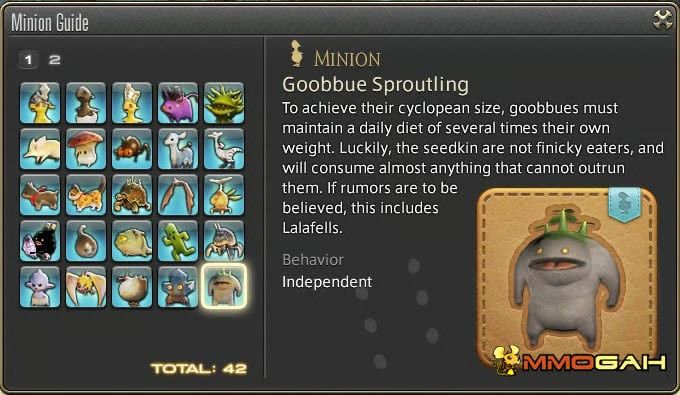 FFXIV minion guide description for the Goobbue sproutling, which reads: To achieve their cyclopean size, goobbues must maintain a daily diet of several times their own weight. Luckily, the beastkin are not finicky eaters, and will consume almost anything that cannot outrun them. If rumors are to be believed, this includes Lalafells. 
