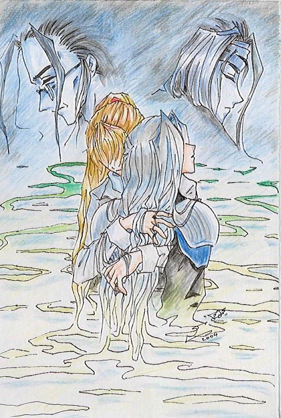 FFVII Lucrecia hugging Sephiroth in the lifestream. Profiles of Hojo and Vincent are the background.