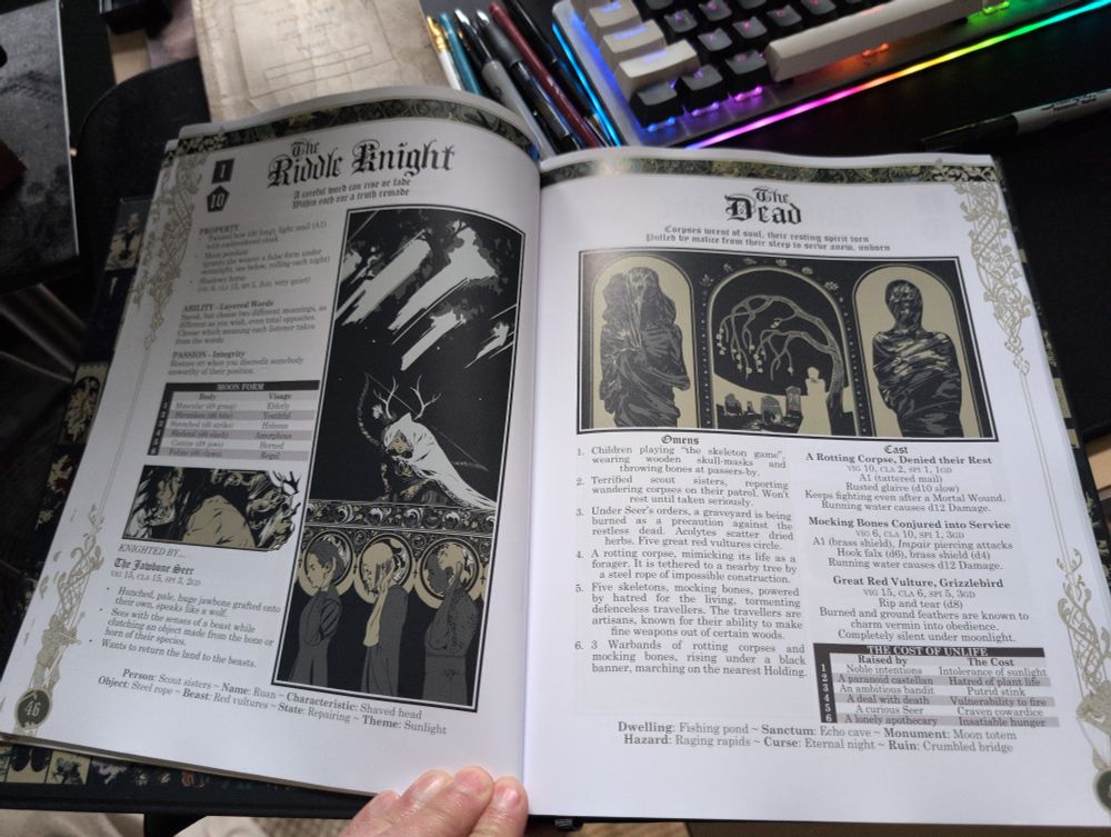 An interior door of mythic bastionland showing the Riddle Knight page and the myth "the dead". 