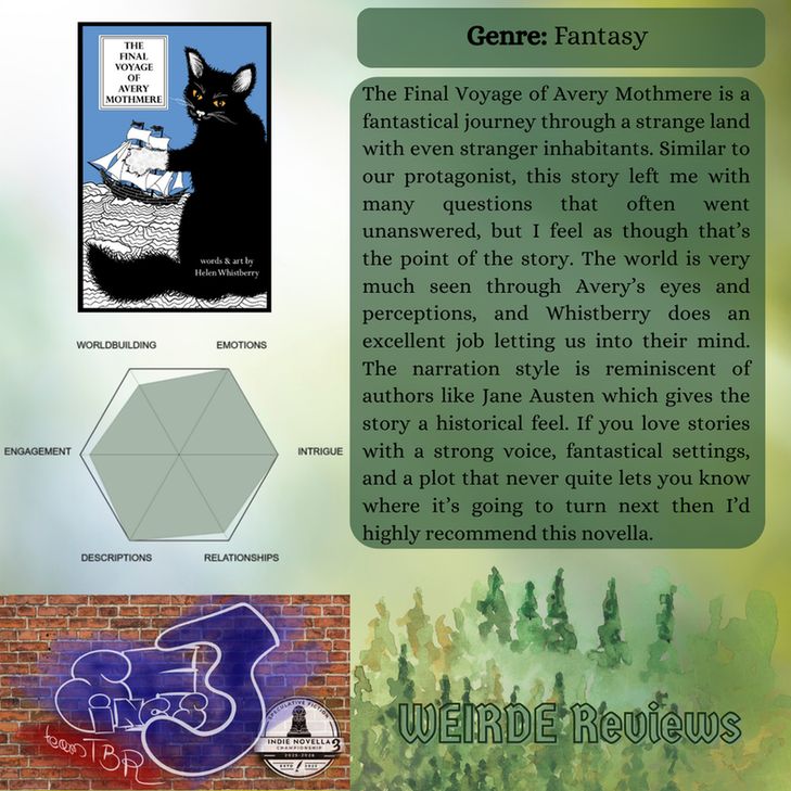 On the left is the book cover for The Final Voyage of Avery Mothmere by Helen Whistberry features a black cat with white paws reaching out to a ship.
Genre: Fantasy
On the right is a review summary:
The Final Voyage of Avery Mothmere is a fantastical journey through a strange land with even stranger inhabitants. Similar to our protagonist, this story left me with many questions that often went unanswered, but I feel as though that’s the point of the story. The world is very much seen through Avery’s eyes and perceptions, and Whistberry does an excellent job letting us into their mind. The narration style is reminiscent of authors like Jane Austen which gives the story a historical feel. If you love stories with a strong voice, fantastical settings, and a plot that never quite lets you know where it’s going to turn next then I’d highly recommend this novella.
On the bottom is a spray paint logo for SFINCS3 team TBR and WEIRDE Reviews