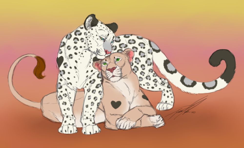 A pair of kitties kanoodling.
Snow leopard in pale greys with dark grey rosettes. A peachy-brown lioness with pale underbelly. They both have matching black heart markings on shoulders