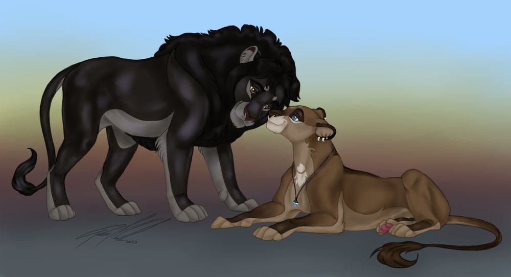 A lion and lioness share head to nose boops. The lion has a very dark body pelt with medium grey underbelly, his mane is black. Tye lioness lays in front of him, she has an oak brown coat with darker brown ombre legs. She has a light brown underbelly, and reddish brown tail tuft. She has pierced ear and wears an ocean terrarium necklace.