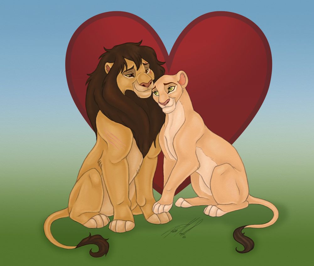 Valentines art The Lion king style and fan ocs
Kopa is golden tan with brown mane/tail, he has reddish eyes.
He has a scar over his left eye, and claw marks on his right foreleg shoulder.
Karimu is light tan with creamy underbelly, dark brown tail-tuft. She has green eyes.
They are looking at each other lovingly, sitting side by side, her head rested against his mane, a paw on top of one of his.
The background is gradient green to blue and a large red heart as a hat tip to Upendi.
