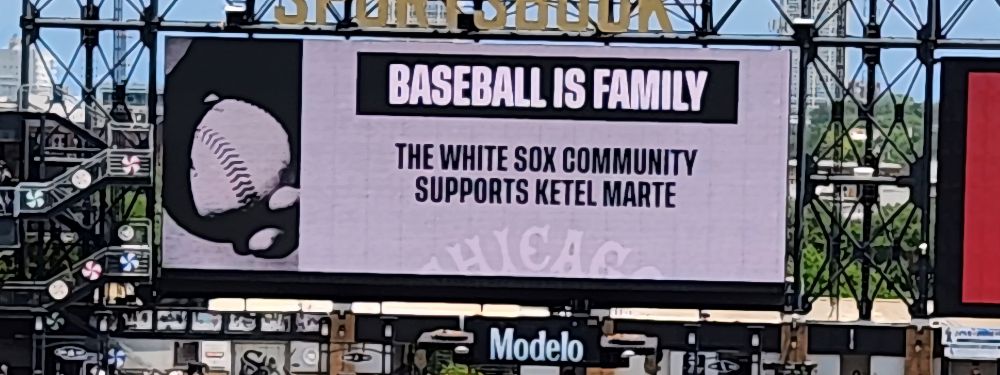 A message on a video board at Rate Field in support of Ketel Marte.
