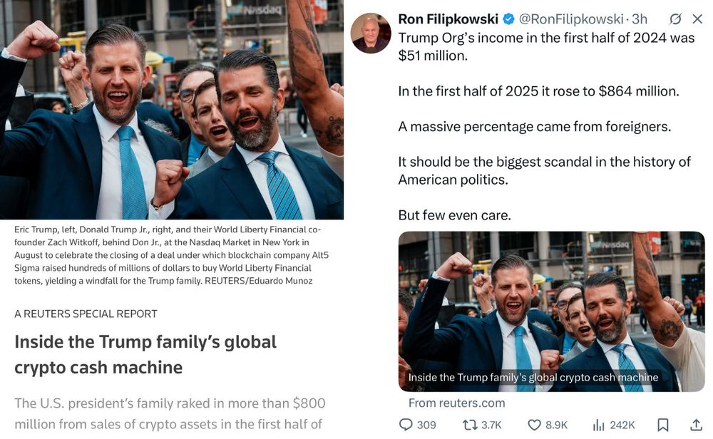 Eric Trump, left, Donald Trump Jr., right, and their World Liberty Financial cofounder Zach Witkoff, behind Don Jr., at the Nasdaq Market in New York in August to celebrate the closing of a deal under which blockchain company Alt5
Sigma raised hundreds of millions of dollars to buy World Liberty Financial tokens, yielding a windfall for the Trump family. REUTERS/Eduardo Munoz
A REUTERS SPECIAL REPORT
Inside the Trump family's global crypto cash machine
The U.S. president's family raked in more than $800 million from sales of crypto assets in the first half

Panel 2

Ron Filipkowski • @RonFilipkowski • 3h
Trump Org's income in the first half of 2024 was $51 million.
In the first half of 2025 it rose to $864 million.
A massive percentage came from foreigners.
It should be the biggest scandal in the history of American politics.
But few even care.