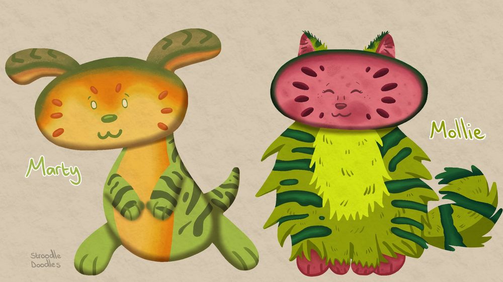 A digital illustration of two dogs with melon heads + colours. On the left there is Marty, who is based off a cantaloupe and on the right there is Mollie who is based off a watermelon.