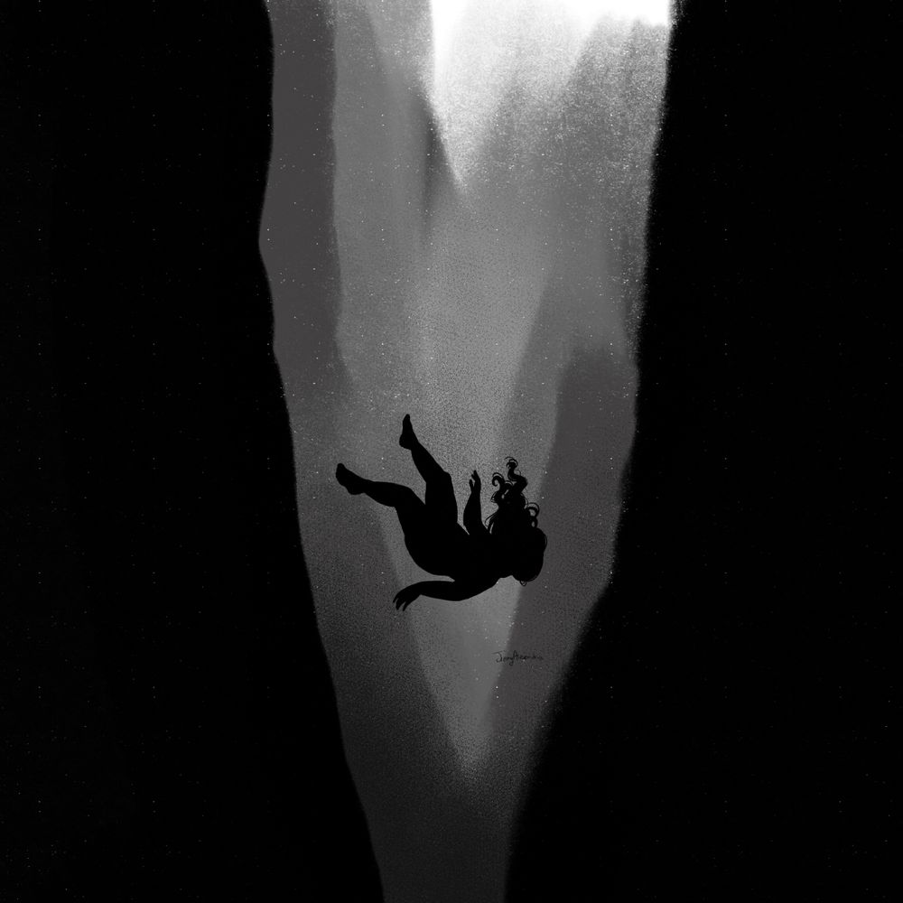 A silhouette is falling into a shadowy pit