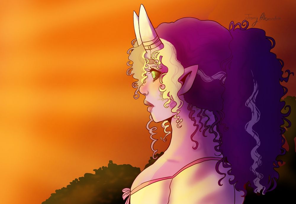 My oc, a light purple teifling with dark purple hair with white streaks looks off into a brilliant orange sky, she looks  amazed at the beauty of the sky. 