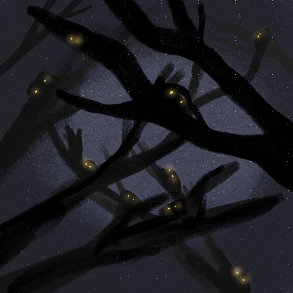 Spooky branches overlapping, with yellow glowing eyes looking down at you from the branches
